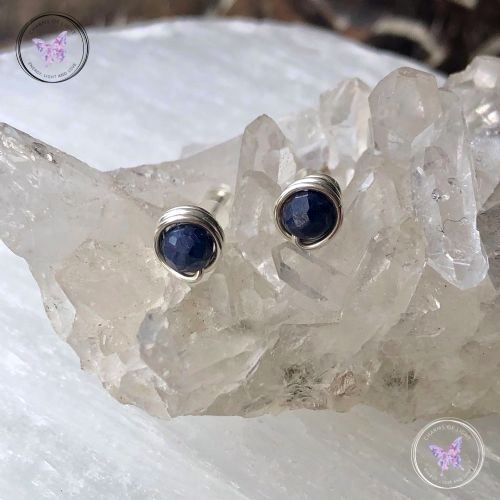 Blue Sapphire Silver Wire Wrap Stud Earrings